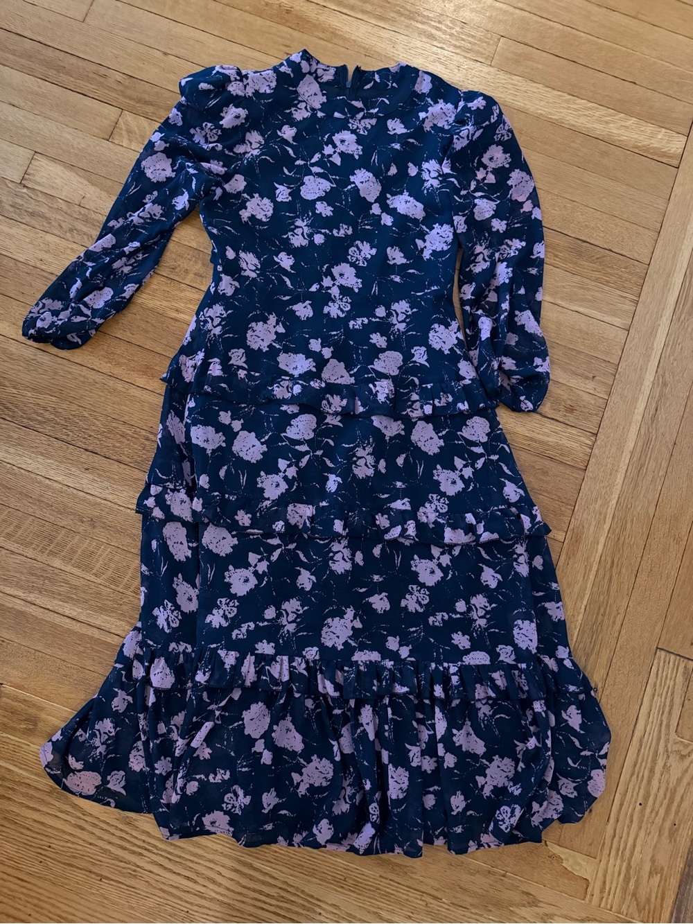 Floral Long-Sleeve Tiered Midi Dress - Navy with Lilac Floral